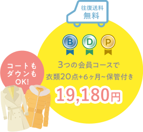 往復送料 無料 3つの会員コースで衣類20点+6ヶ月~保管付き 19,180円